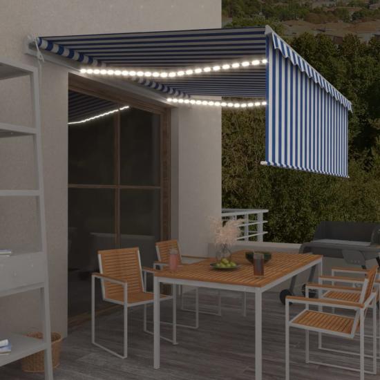 Kék-fehér redőnyös, szélérzékelős, LED-es napellenző 4,5x3 m