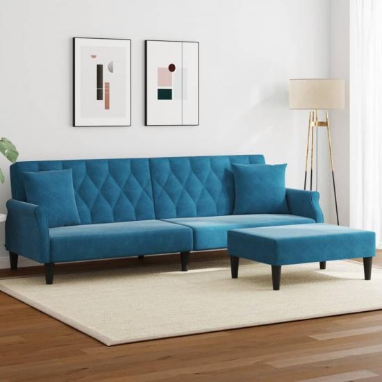 2 személyes kék bársony kanapéágy párnával/lábtartóval