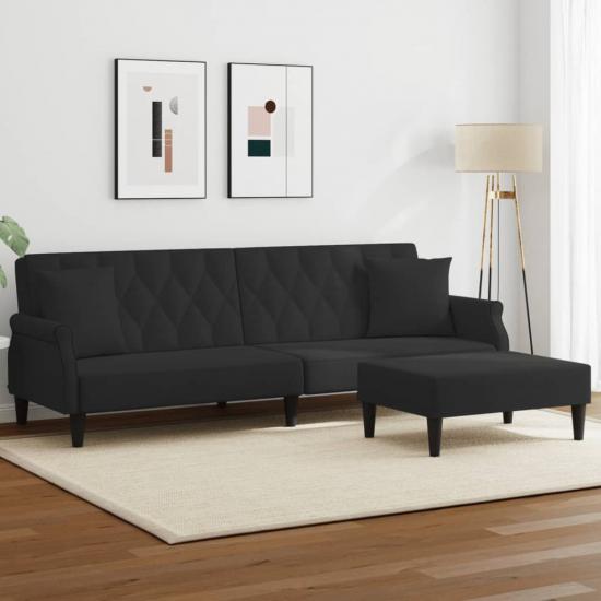 2 személyes fekete bársony kanapéágy párnával/lábtartóval