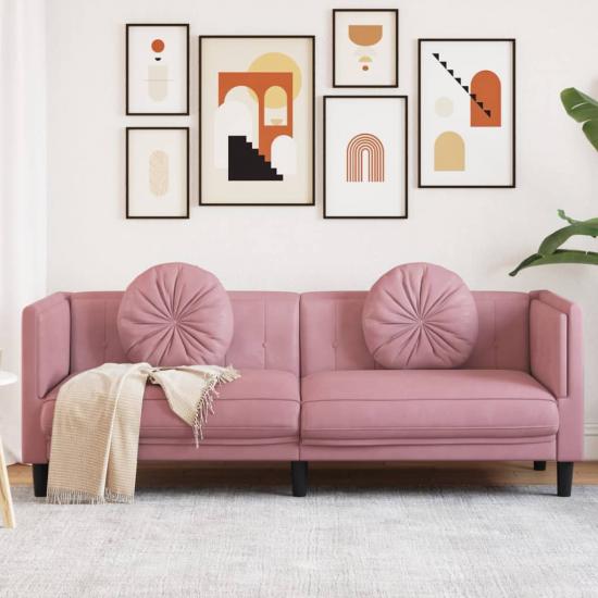 Rózsaszín bársony 3 személyes kanapé párnákkal