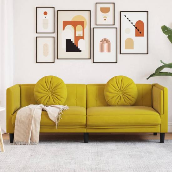Sárga bársony 3 személyes kanapé párnákkal