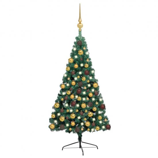 Zöld megvilágított fél műkarácsonyfa gömb szettel 180 cm