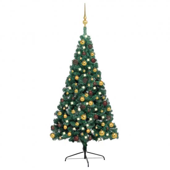 Zöld megvilágított fél műkarácsonyfa gömb szettel 240 cm