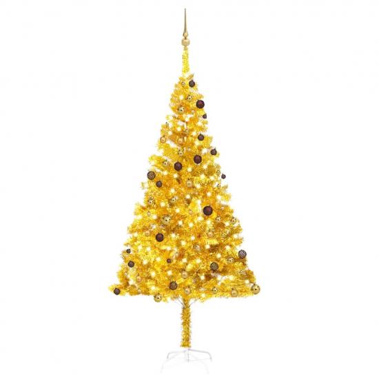 Aranyszínű PET megvilágított műkarácsonyfa gömb szettel 240 cm