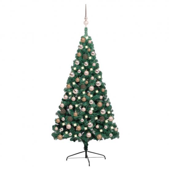 Zöld megvilágított fél műkarácsonyfa gömb szettel 120 cm