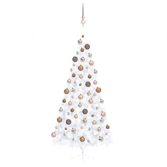 Fehér megvilágított fél műkarácsonyfa gömb szettel 210 cm