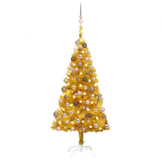 Aranyszínű PET megvilágított műkarácsonyfa gömb szettel 120 cm