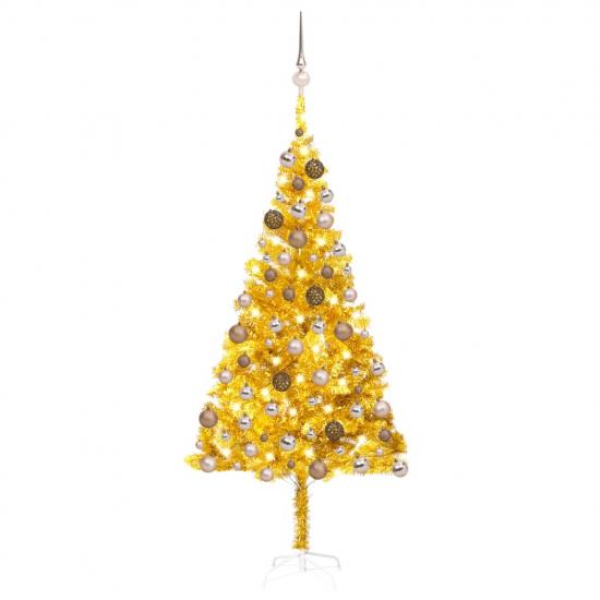 Aranyszínű PET megvilágított műkarácsonyfa gömb szettel 180 cm