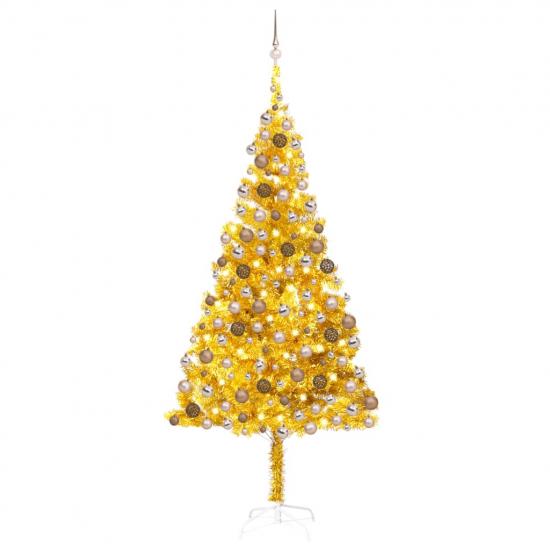 Aranyszínű PET megvilágított műkarácsonyfa gömb szettel 210 cm