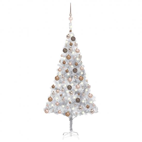 Ezüstszínű PET megvilágított műkarácsonyfa gömb szettel 180 cm