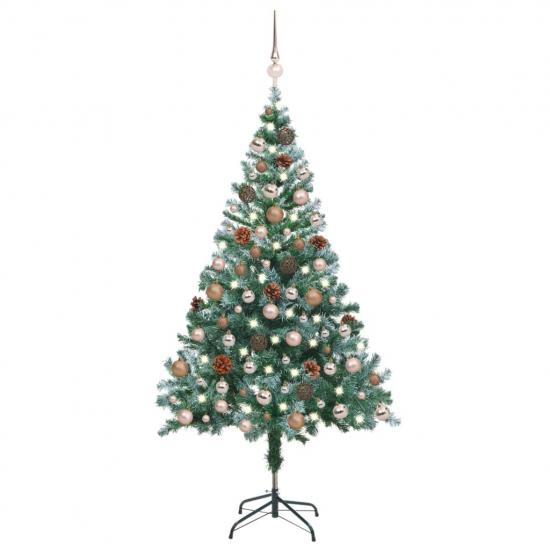 Zúzmarás megvilágított karácsonyfa gömb szettel/tobozzal 150 cm