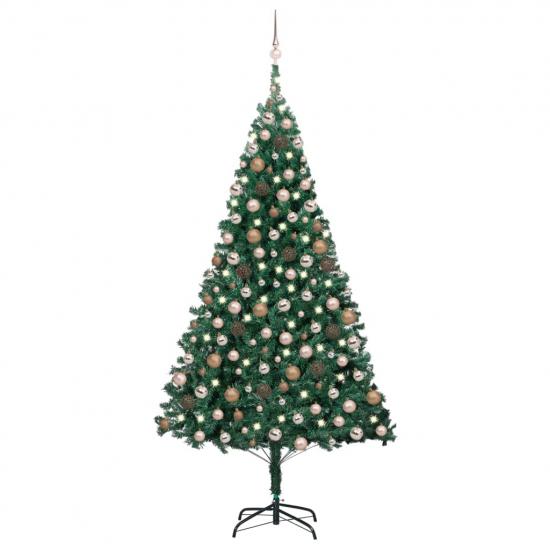 Zöld megvilágított műkarácsonyfa gömb szettel 240 cm