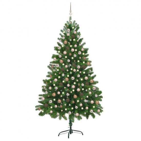 Zöld megvilágított műkarácsonyfa gömb szettel 210 cm
