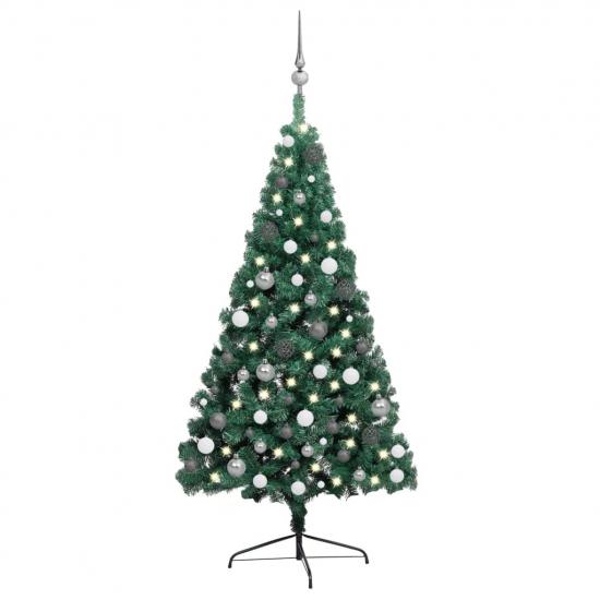 Zöld megvilágított fél műkarácsonyfa gömb szettel 240 cm