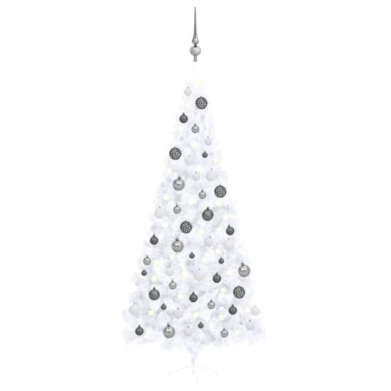 Fehér megvilágított fél műkarácsonyfa gömb szettel 240 cm