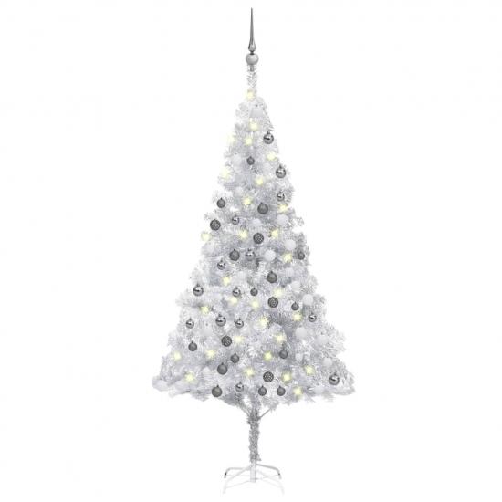 Ezüstszínű PET megvilágított műkarácsonyfa gömb szettel 180 cm