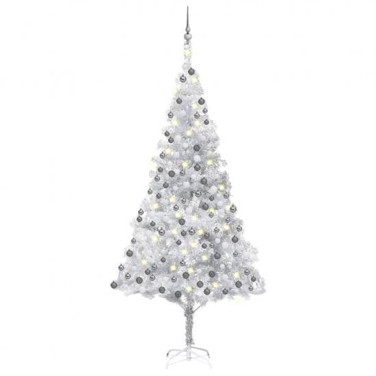 Ezüstszínű PET megvilágított műkarácsonyfa gömb szettel 210 cm