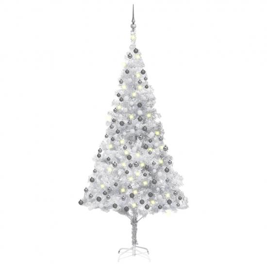 Ezüstszínű PET megvilágított műkarácsonyfa gömb szettel 240 cm