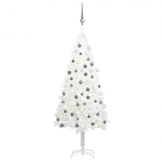 Fehér megvilágított műkarácsonyfa gömb szettel 120 cm