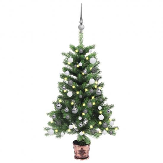 Zöld megvilágított műkarácsonyfa gömb szettel 90 cm