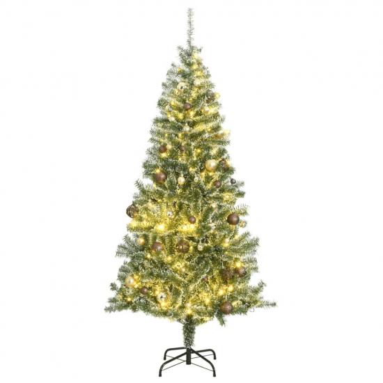 Műkarácsonyfa 130 LED-del, gömbszettel és hópehellyel 210 cm
