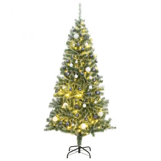 Műkarácsonyfa 130 LED-del, gömbszettel és hópehellyel 210 cm