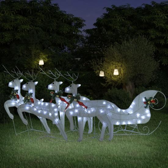 Fehér rénszarvas és szán karácsonyi dekoráció 100 LED-del