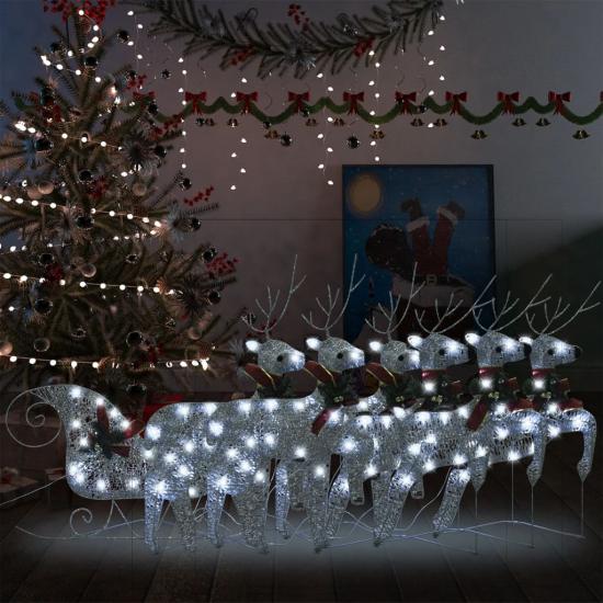 Ezüstszínű rénszarvas és szán karácsonyi dekoráció 140 LED-del