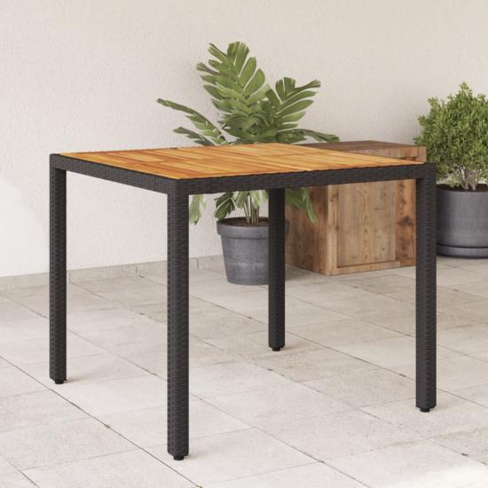 Fekete polyrattan kerti asztal akácfa lappal 90 x 90 x 75 cm