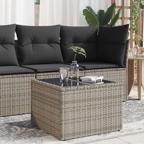 Szürke polyrattan üveglapos kerti asztal 55 x 55 x 37 cm