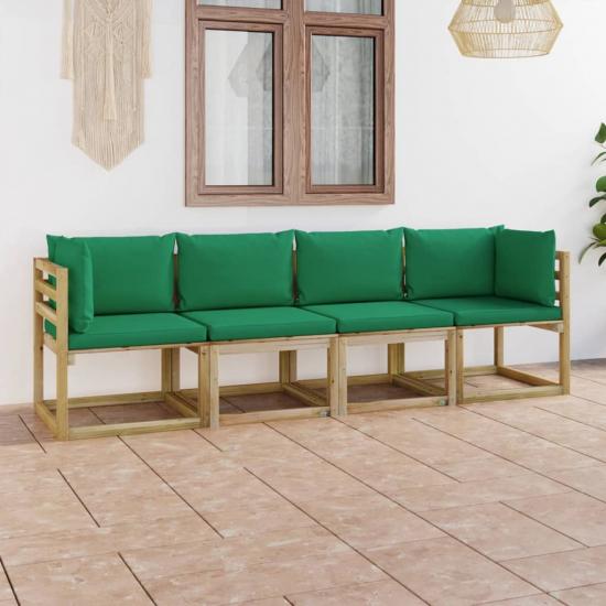 Négyszemélyes kerti kanapé zöld párnákkal