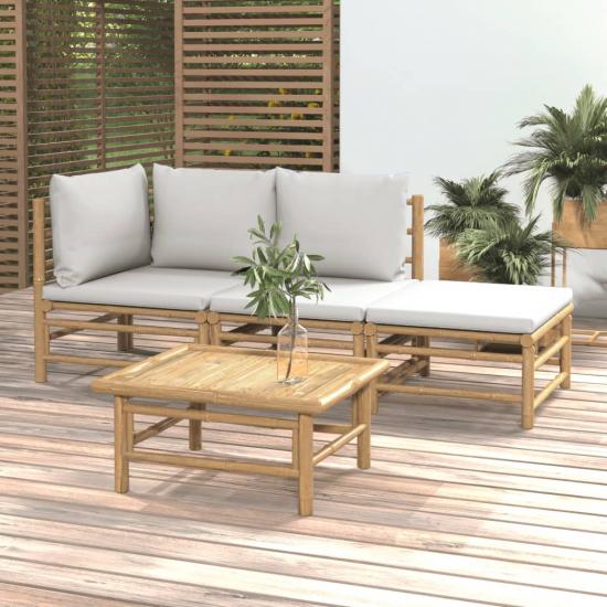 4 részes bambusz kerti ülőgarnitúra világosszürke párnákkal
