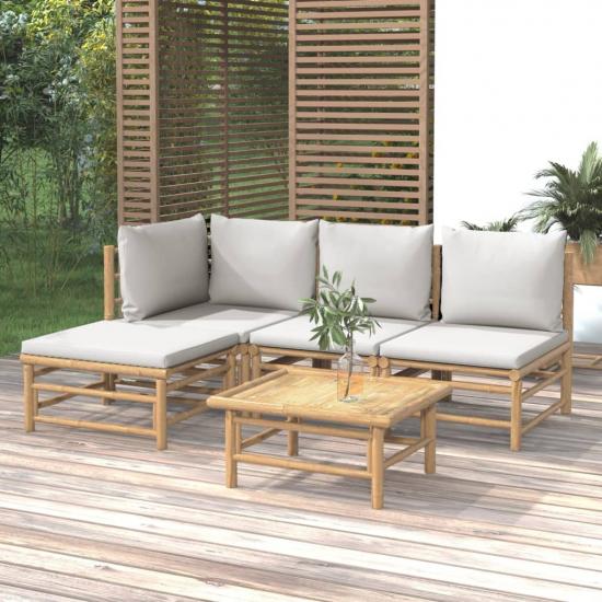 5 részes bambusz kerti ülőgarnitúra világosszürke párnákkal