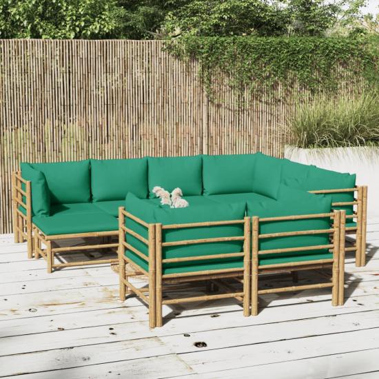 10 részes bambusz kerti ülőgarnitúra zöld párnákkal