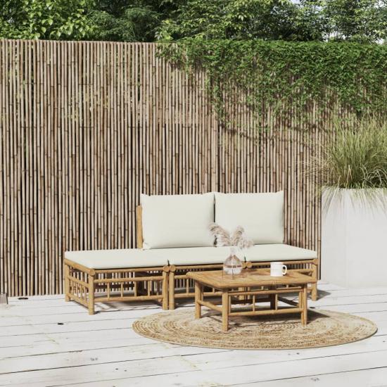 4 részes bambusz kerti ülőgarnitúra krémfehér párnákkal