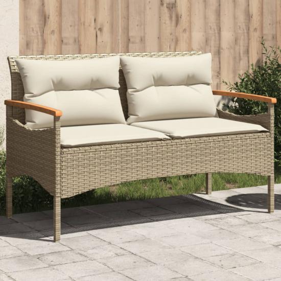 Bézs polyrattan kerti pad párnával 116 x 62,5 x 74