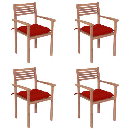 4 db tömör tíkfa kerti szék piros párnával