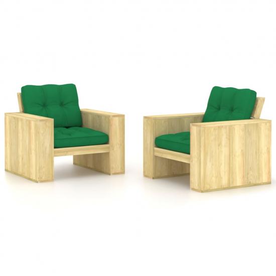 2 db impregnált fenyőfa kerti szék zöld párnákkal