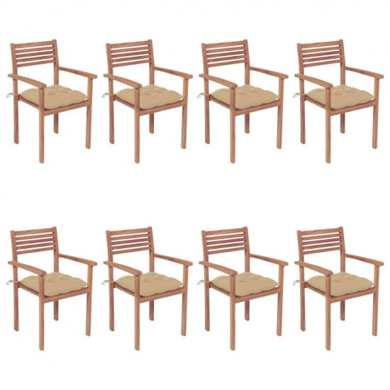 8 db rakásolható tömör tíkfa kerti szék párnákkal