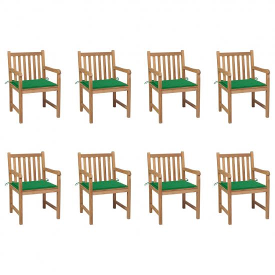 8 db tömör tíkfa kerti szék zöld párnával