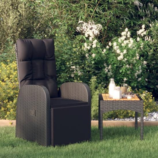 Fekete dönthető háttámlás polyrattan kerti szék párnával