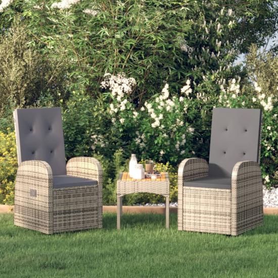 2 db szürke dönthető háttámlás polyrattan kerti szék párnával