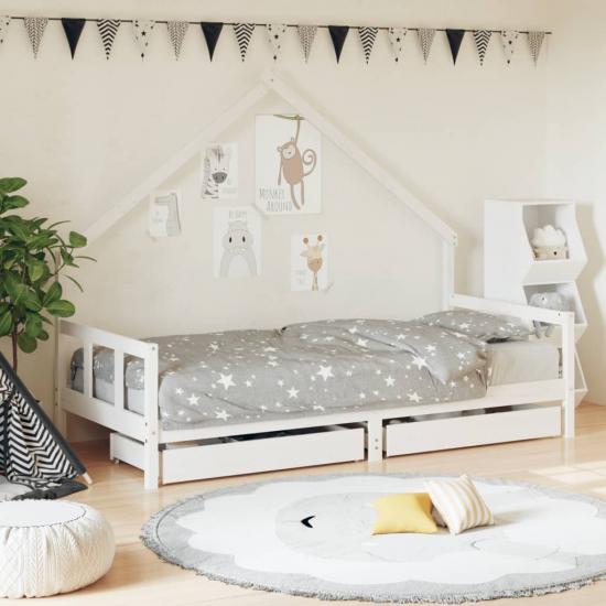 Fehér gyerek tömör fenyőfa ágykeret fiókokkal 90 x 200 cm