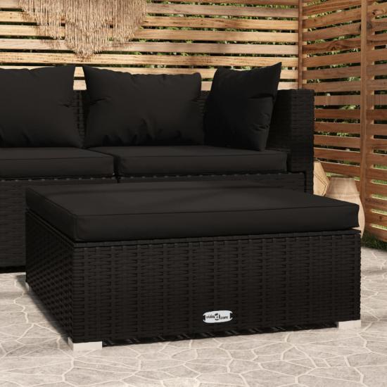 Fekete polyrattan kerti lábtartó párnával 70 x 70 x 30 cm