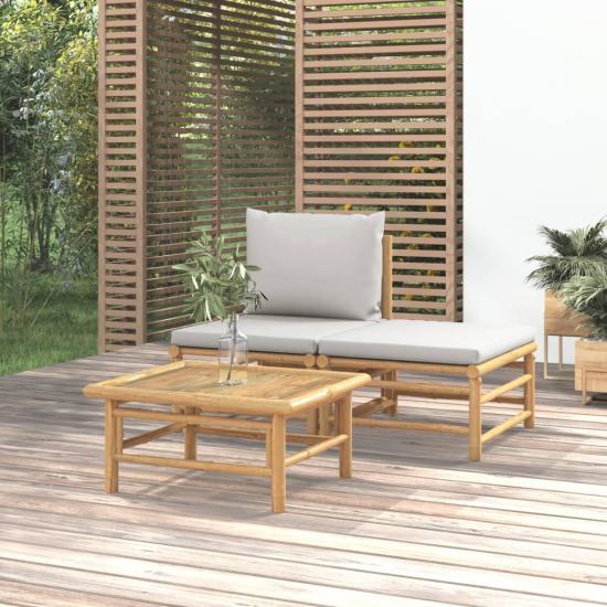 3 részes bambusz kerti ülőgarnitúra világosszürke párnákkal