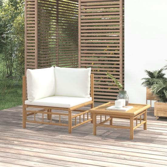 2 részes bambusz kerti ülőgarnitúra krémfehér párnákkal