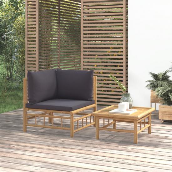 2 részes bambusz kerti ülőgarnitúra sötétszürke párnákkal