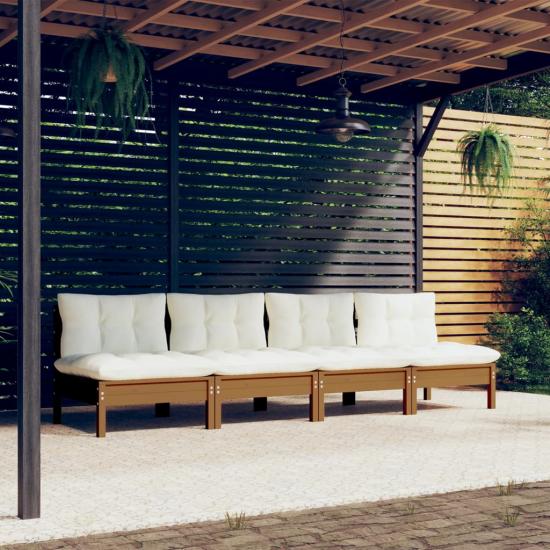 Négy személyes tömör fenyőfa kerti kanapé krémszínű párnákkal 