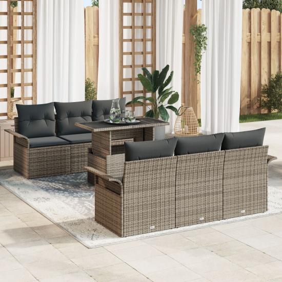 7 Darabos Kert Sofa Szett Párnákkal Szürke Poli Rattan