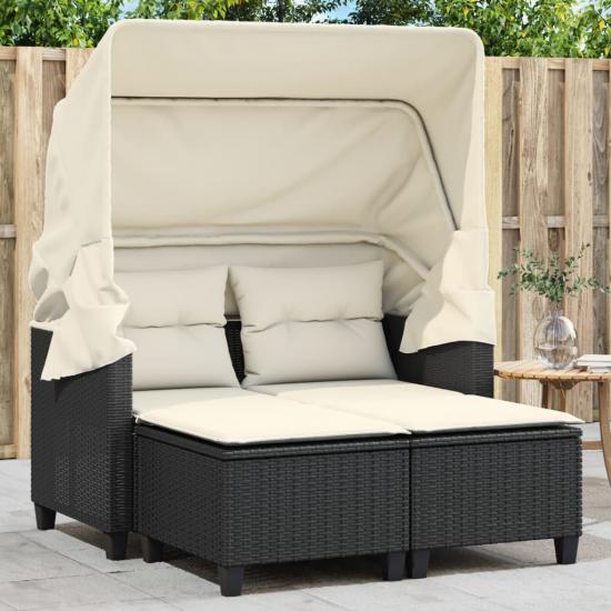 2 személyes fekete polyrattan kerti kanapé baldachinnal/székkel